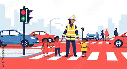 School Crossing Guard Assisting Children Safely Across Urban Street Intersection