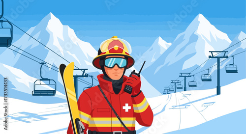 Focused ski patrol expert communicating in alpine area with snowy mountain background