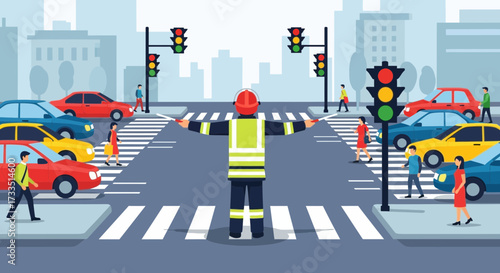 City crossroads scene with traffic controller and busy pedestrian crosswalk