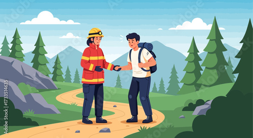 Illustrative vector showing a rescuer helping a hiker in mountainous terrain