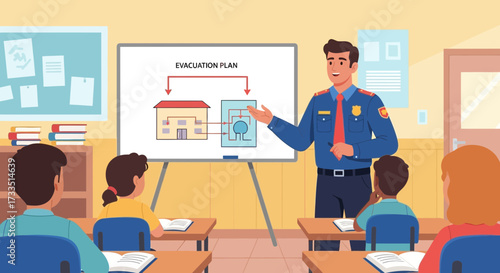 Illustrative Classroom Scene of a Firefighter Teaching an Evacuation Plan to Students