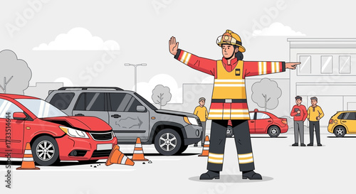 Traffic Incident Management Illustration with Firefighter Directing Traffic Flow
