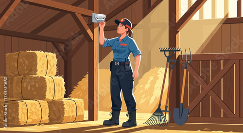 Cartoon illustration showcasing a woman installing a smoke detector inside a barn
