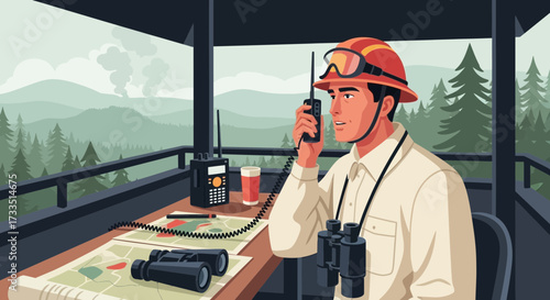 Vigilant forest ranger communicating from lookout tower in serene wilderness