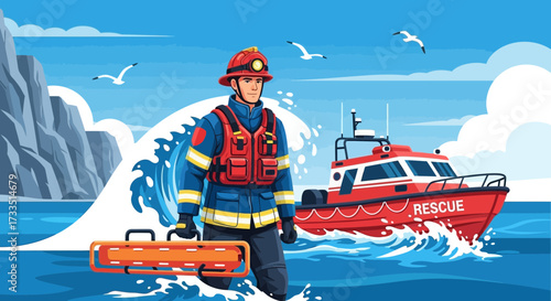 Coast guard rescuer, ready for a daring sea emergency, stands with a stretcher