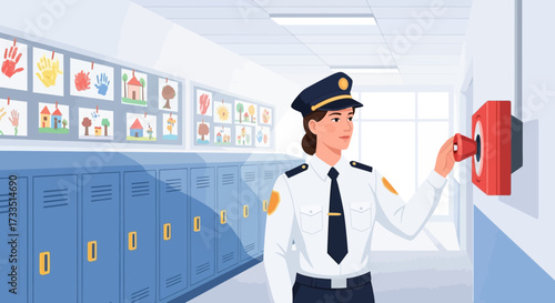 Female security guard activating the fire alarm in a school hallway for safety