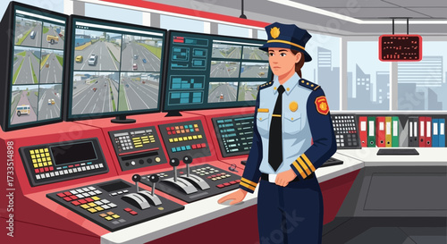 Security officer in control room monitoring highway traffic on multiple screens