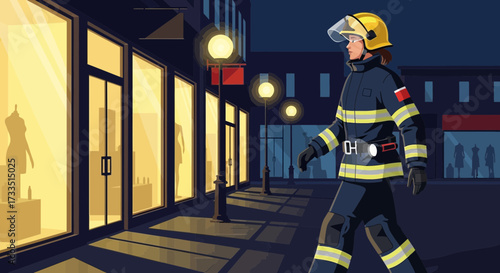 Firefighter walking on the night city street with shop windows and lamps