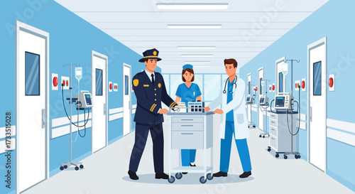 Illustration of a security officer, nurse and doctor working together in a hospital corridor