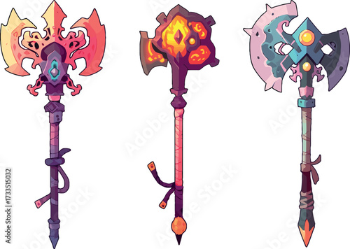 Stylized fantasy weapons set with ornate battle axes and magical weapons, decorated with glowing details and runes. Perfect for games, concept art, and illustration.