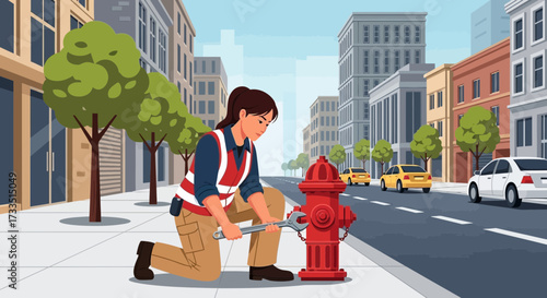 Woman repairing a fire hydrant on city street, ensuring safety and infrastructure integrity