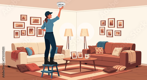 Home safety check: Woman maintaining the smoke detector in a stylish living room