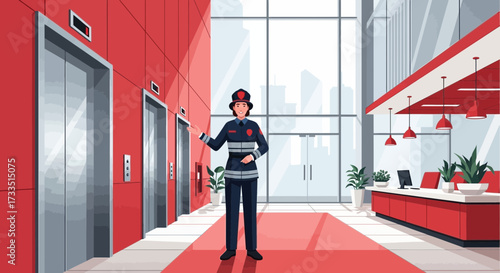Friendly concierge in modern building assisting with directions to elevators