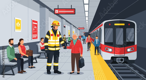 Firefighter assists elderly woman at subway station, showcasing community support