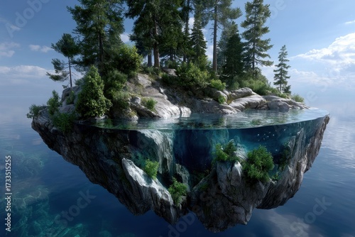 Floating island with lush trees and clear water above serene ocean background