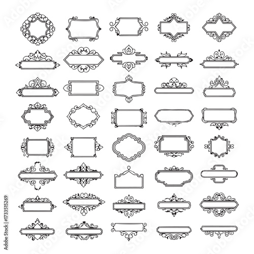 Large set vector black silhouette frame cartouches badges silhouette vector illustration on white background.