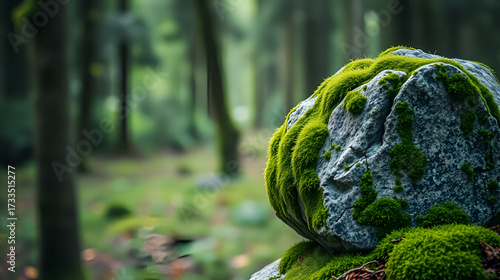A close-up image of a stone covered in green moss set against a blurred forest backdrop, providing natural background with space to incorporate your design elements