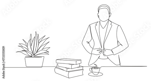 continuous line art of a business man wearing a suit with coffee and flowers around him