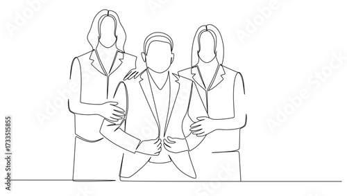 continuous line art of a married couple who own a family business with their daughter wearing a neat business suit