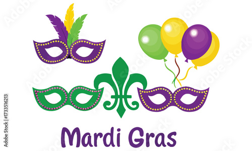 Mardi Gras Icons and Clipart – Carnival Masks, Balloons, Drums, Hats, Feathers & Party Decorations in Purple, Green, and Gold