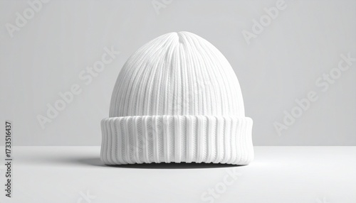 Describe a white ribbed knit beanie with a folded brim on a flat surface against a light gray background. Highlight texture, symmetry, and minimalist design in winter fashion or accessory styling.
