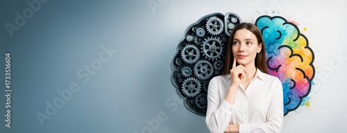 Portrait of thoughtful woman with creative and analytical brain illustration on light background for concept of imagination and logic balance.