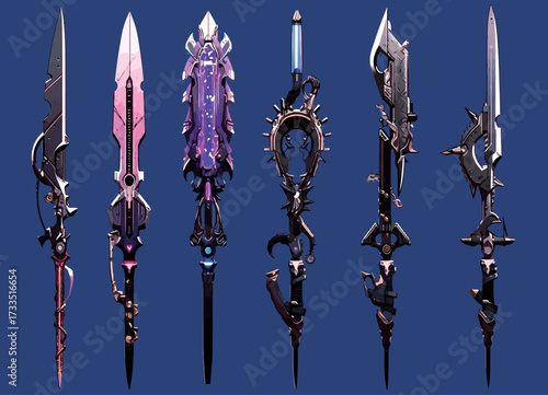 Set of six futuristic fantasy weapons with glowing details, crystals, and mechanical designs. Perfect for game assets, concept art, and sci-fi fantasy illustration.