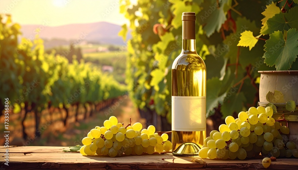 Fototapeta premium Describe a white wine bottle with blank label in a sunlit vineyard. Highlight golden hue, lush grapevines, rolling hills, and rural charm for themes of winemaking, branding, and scenic beauty.