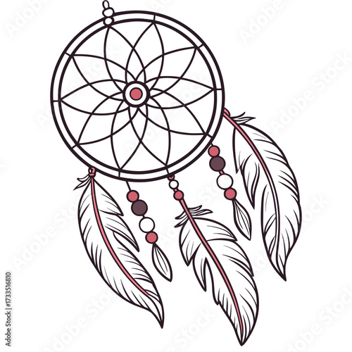A beautifully illustrated dreamcatcher with intricate web detailing and three dangling feathers adorned with colorful beads symbolizing protection and good dreams