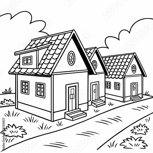 A charming black and white line drawing illustration of three quaint houses lined up along a winding path with fluffy clouds in the sky above