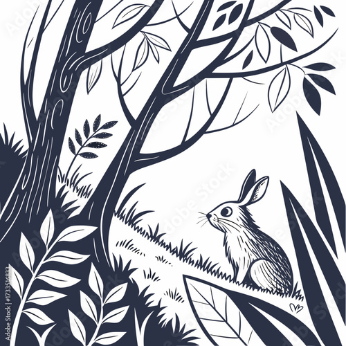 A charming black and white illustration of a cute rabbit sitting in a grassy forest clearing surrounded by stylized trees and foliage