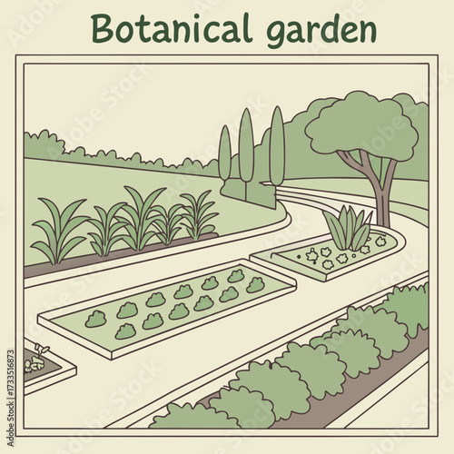 A charming illustration of a serene botanical garden featuring a winding pathway manicured flower beds lush green plants and mature trees under a soft muted sky