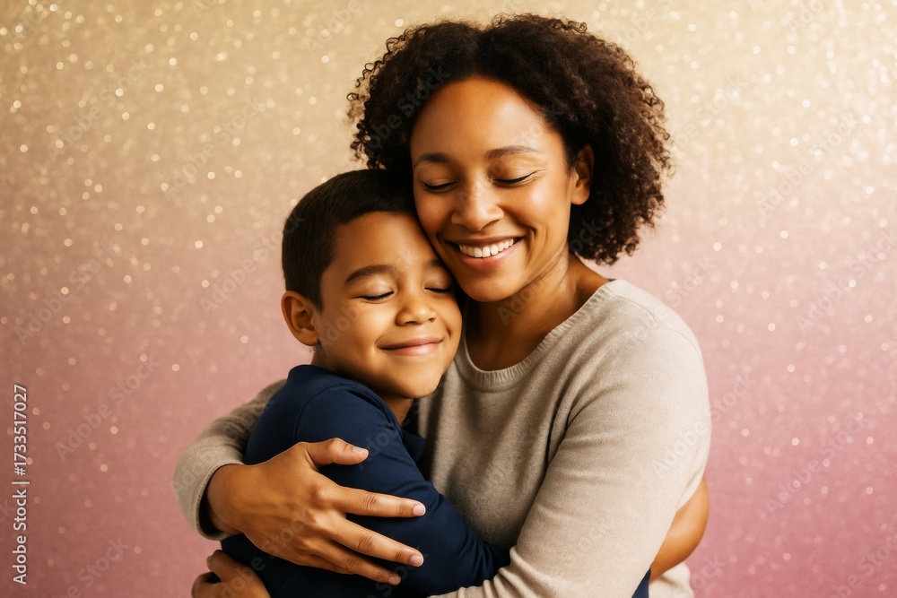 Fototapeta premium Mother and son hugging with joyful expressions against sparkling abstract light background in warm tones of gold and pink. Ai generative