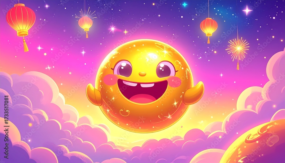 Fototapeta premium Joyful golden character in fantasy sky with lanterns and stars
