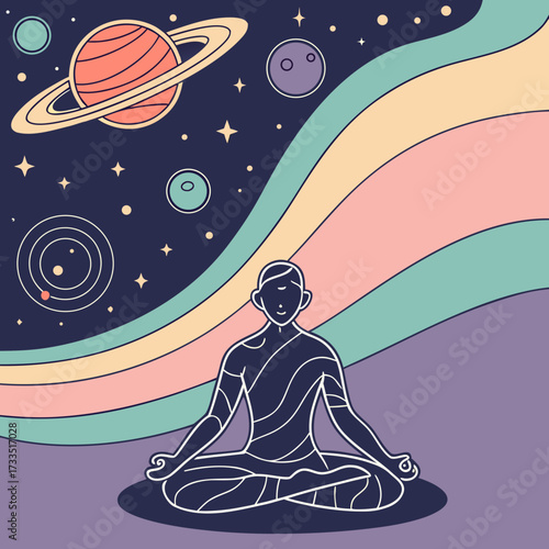 A person meditating in a lotus pose surrounded by colorful cosmic waves and celestial bodies like planets and stars