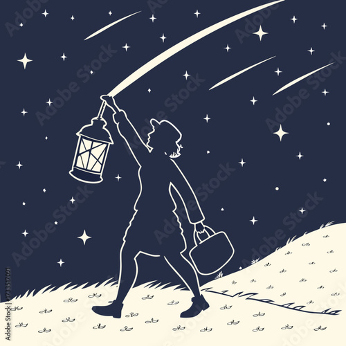 A silhouette of a person holding a lantern aloft under a starry night sky with shooting stars and a grassy hill in the foreground