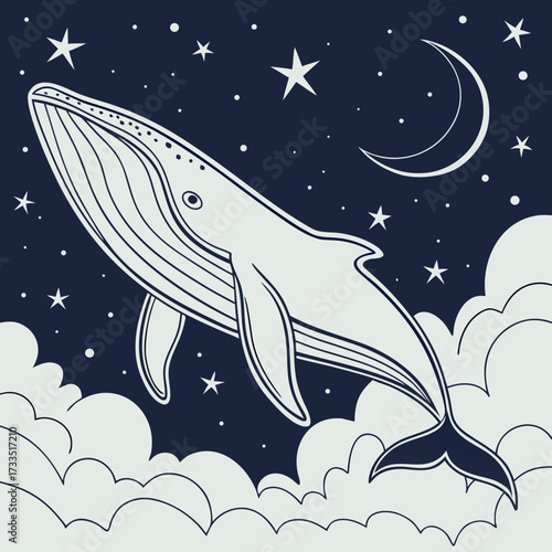 A whimsical illustration of a large light blue whale gracefully swimming through a dark night sky filled with stars and a crescent moon above fluffy clouds