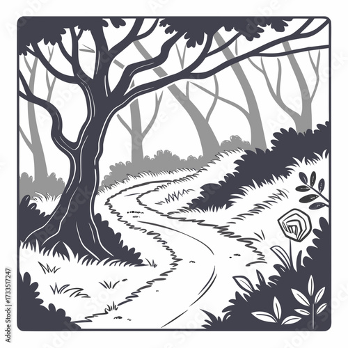 A winding forest path beckons adventurers through a shaded woodland with large trees and lush undergrowth creating a serene natural landscape