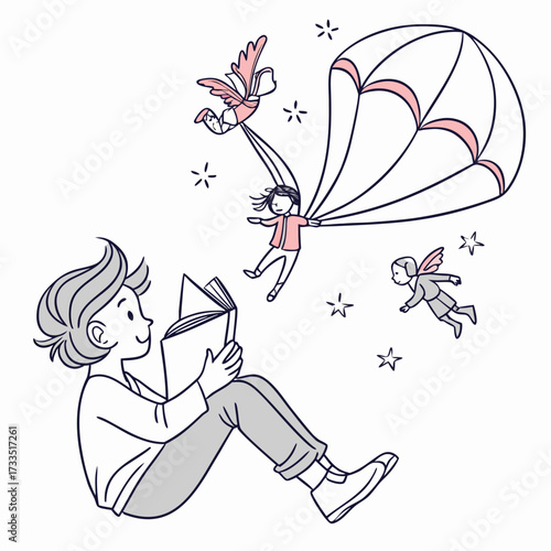 A young person sits and reads a book their imagination taking flight with children soaring through the sky on a parachute and with wings surrounded by stars and a whimsical bird