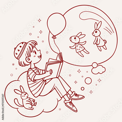 A young boy wearing a striped shirt and hat sits on a cloud reading a book imagining two bunnies floating in a bubble with a balloon and stars