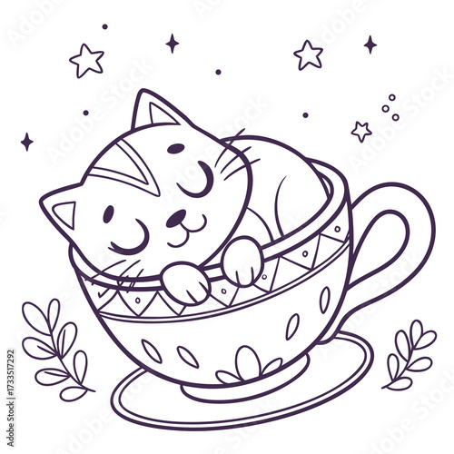 Adorable line art illustration of a cute cartoon cat nestled comfortably inside a decorative teacup surrounded by whimsical stars and delicate floral sprigs
