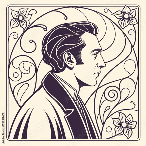 Elegant art nouveau portrait of a distinguished gentleman in profile adorned with swirling floral motifs and intricate decorative lines evoking a sense of classic sophistication and timeless style