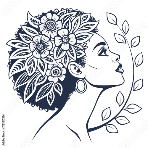 Elegant black woman with afro hairstyle adorned with flowers and leaves profile view symbolizing beauty nature and grace