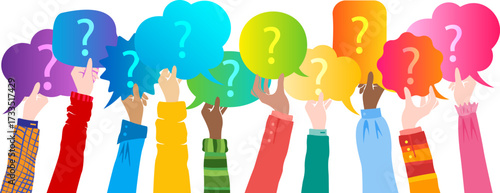Human hands up and holding speech bubbles with questions marks. Vector horizontal border with colorful decoration elements.
