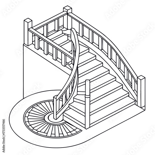 Elegant wooden staircase with a curved railing and a circular landing rendered in a clean isometric line art style for architectural design and interior decoration concepts
