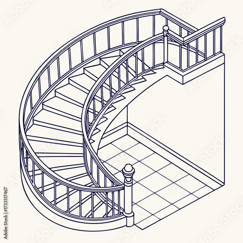 Elegant curved wooden staircase with ornate railing and tiled floor in an isometric perspective line art illustration