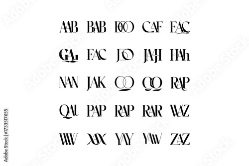 Display of various three letter combinations in a stylized black font