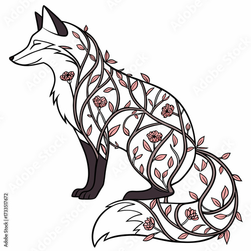 Stylized illustration of a sitting fox with intricate floral vine patterns and delicate pink blossoms adorning its body and tail