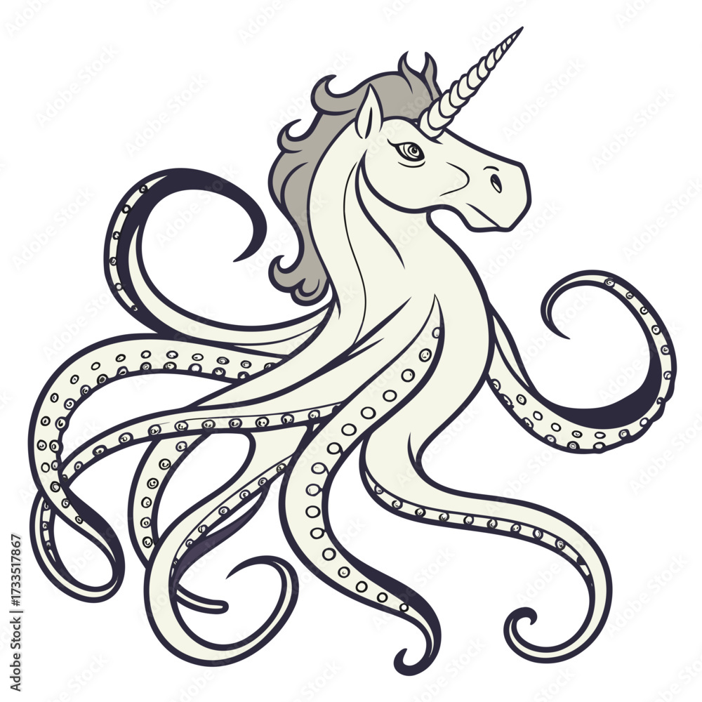 Obraz premium Whimsical creature illustration of a mythical unicorn head and neck seamlessly transitioning into a swirling octopus body with numerous tentacles and suckers on a clean white background