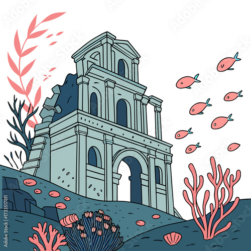 Underwater ancient roman ruins with coral reefs and a school of small pink fish swimming past the crumbling stone architecture